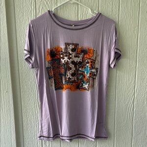 New Montana West American Bling Purple Crosses Graphic Short Sleeve Tee Sz L
